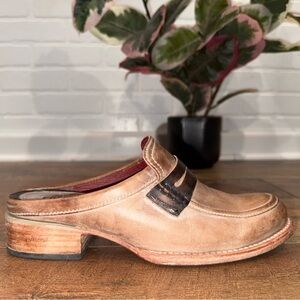 Freebird by Steven Mona Lisa Tan Leather Slip-On Mule with Dark Brown Strap